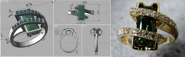 Images showing various views of a 3D model of a ring and the finished product