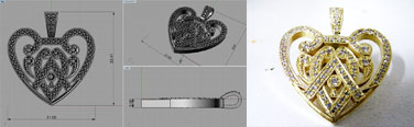 Images showing various views of a 3D model of a pendant and the finished product